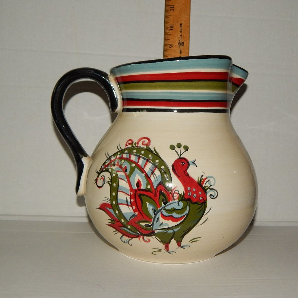 Tabletops Unlimited Folk Art Peacock Ceramic Pitcher - Boulevard Hand Painted